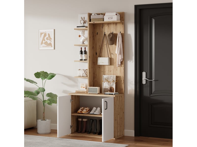  Vestiaire d'entrée ulevr avec porte-manteaux, rangement chaussures et 6 étagères, 75 x 33 x 180 cm, panneau de particules bois naturel et blanc  - Conforama E