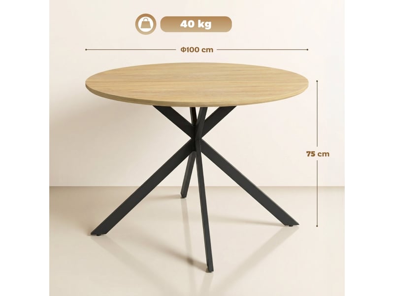 Table de salle à manger ronde pour 4 personnes avec pieds en acier, surface mélaminée, cuisine, diamètre 100 cm, chêne - Conforama D