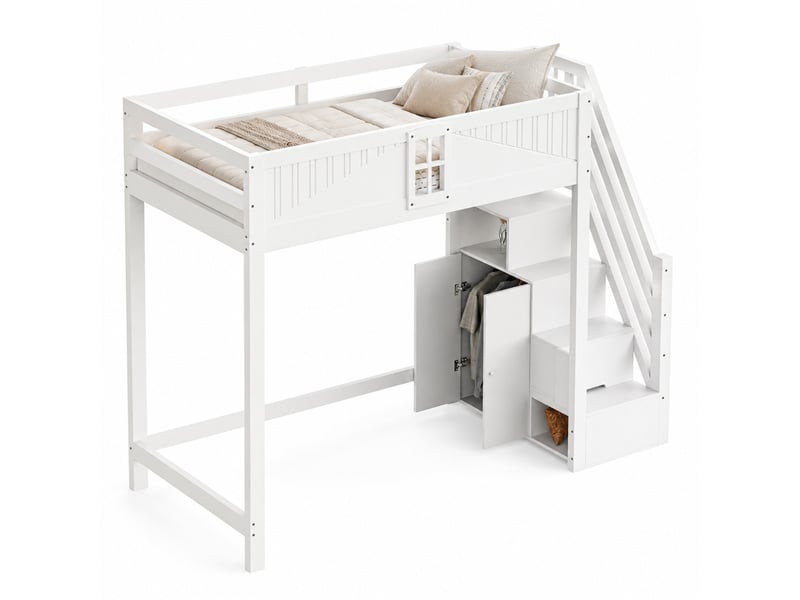  Lit mezzanine en bois blanc, lit simple 90x200 cm avec échelle réversible, rangements et garde-corps  - Conforama A