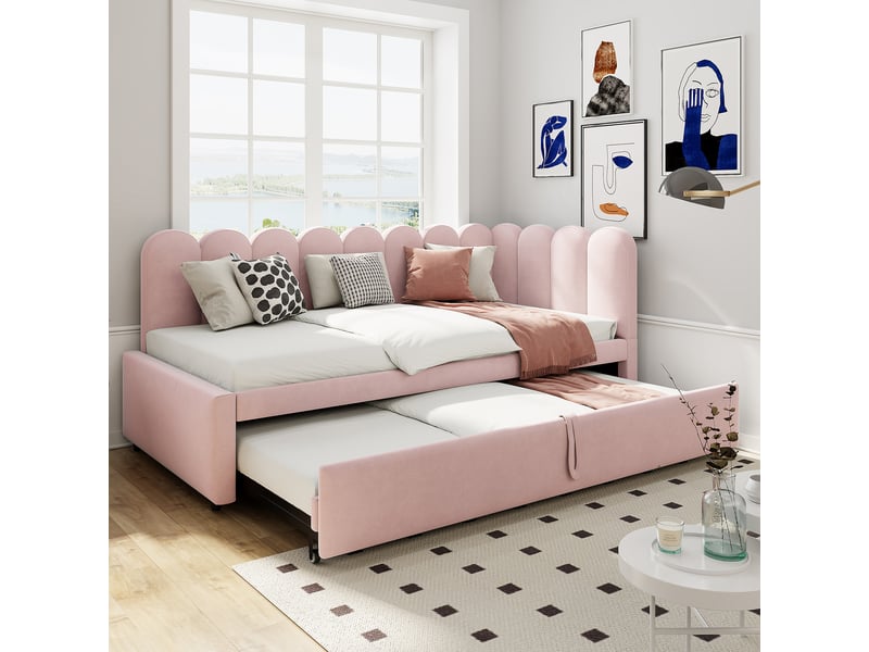  Lit banquette extensible 200×90 cm et 200×180 cm, en velours rose et beige, avec dossier et tête de lit  - Conforama B