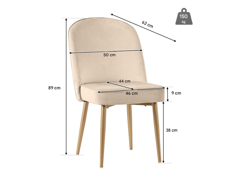  Lot de 4 chaises de salle à manger en velours beige pieds en métal doré  - Conforama C