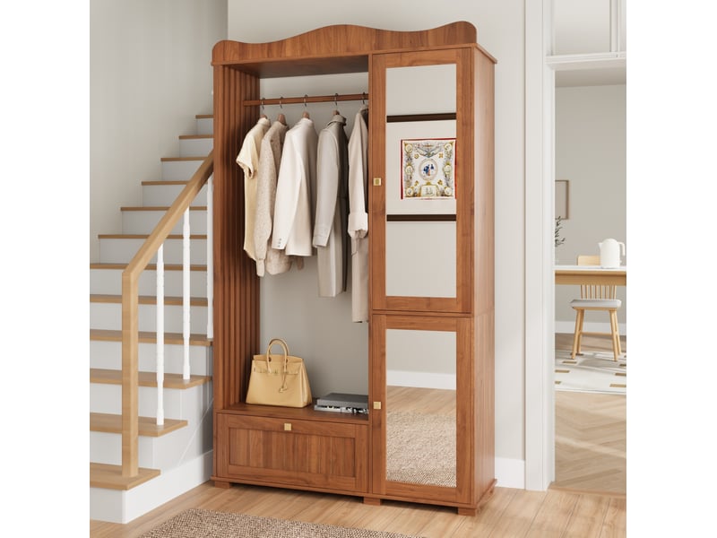  Armoire vestiaire 115,5x38,5x194,5 cm mdf noyer avec miroir, 2 portes et tiroir  - Conforama E