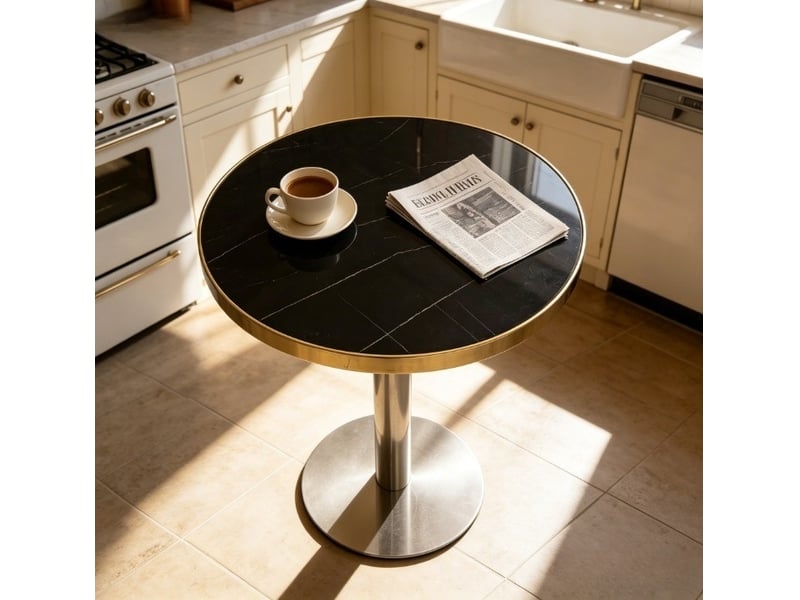  Table basse ronde avec plateau aspect marbre revêtement uv et piètement en acier inoxydable doré pour salon  - Conforama E