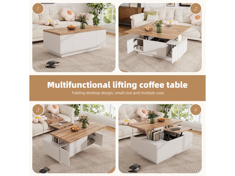  Table basse avec 2 plateaux relevables, rangement caché et 2 portes, pour salon, panneaux de particules, blanc et bois, 100 × 50 × 55.5 cm  - Conforama C