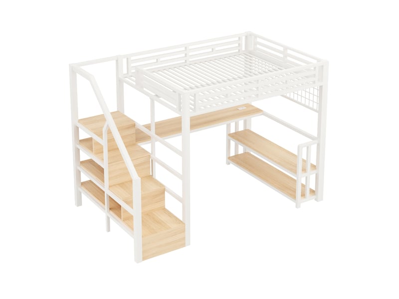  Lit mezzanine blanc 140 × 200 cm, bureau, led, rangements, 2 usb, type-c et grille suspendue  - Conforama E