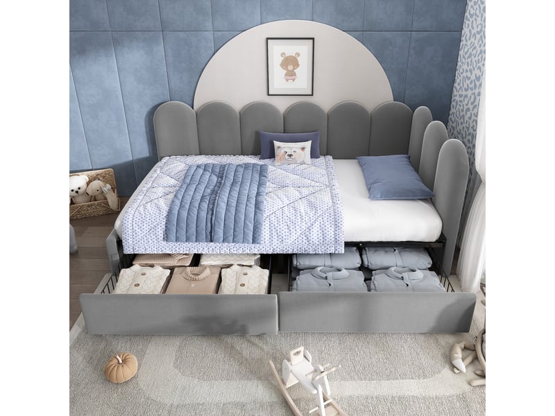  Lit simple 90x190 cm velours gris avec tiroirs de rangement et sommier inclus  - Conforama D