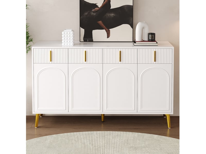  Buffet modenvie 4 portes 4 tiroirs 140 x 38 x 82 cm mdf blanc poignées et pieds dorés  - Conforama E
