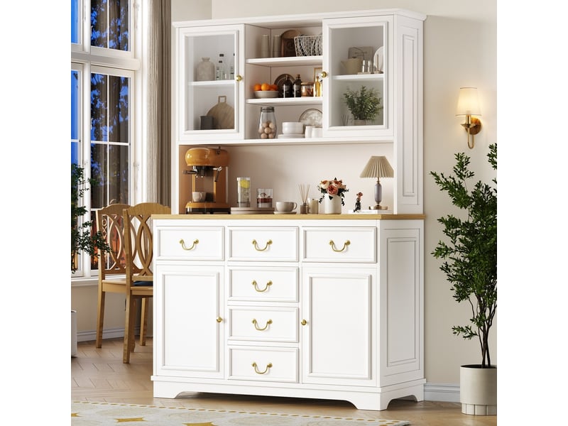  Meuble de cuisine haut avec ports usb et prises buffet avec led éclairage meuble de rangement avec portes snack anrichte poubelle installable blanc  - Conforama B