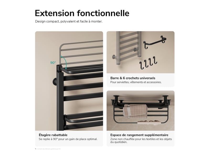  Sèche-serviettes électrique connecté wifi emke 1000x500 mm avec étagère pliable, écran led, programmable, 280 w, noir mat  - Conforama D
