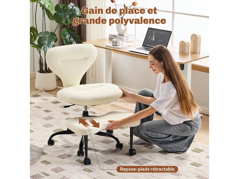  Chaise de bureau jambes croisées pivotante avec repose-pieds, simili cuir blanc, sans accoudoirs, 67x80x84 cm  - Conforama E