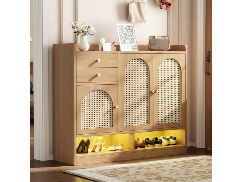  Meuble à chaussures 120 x 35 x 100 cm avec éclairage led, 3 portes effet rotin, 2 tiroirs, rangement ouvert, naturel  - Conforama B