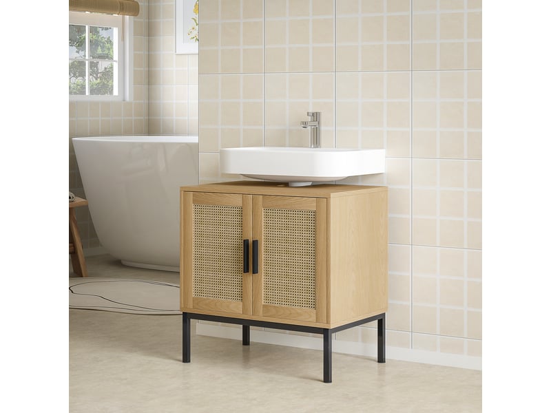  Meuble sous vasque style bohème, effet chêne et rotin, découpe en u, 60 x 39 x 60 cm  - Conforama D