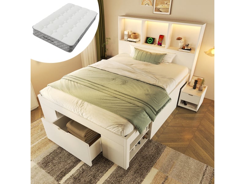  Lit double 90x200 cm avec led et table de chevet mobile, lit simple avec usb-c, tiroir et étagères, en bois, matelas inlus, blanc  - Conforama B