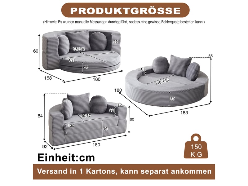 Canapé-lit 4-en-1 multifonction, sofa demi-rond convertible en lit rond, design compact, 2 coussins ronds et 1 coussin carré, salon - Conforama C