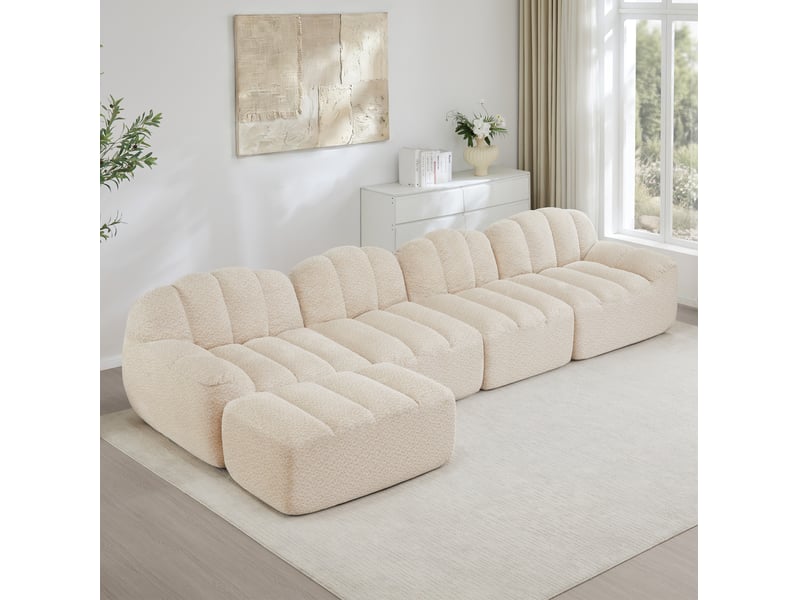 Canapé modulable 4 places avec ottoman beige blanc en tissu bouclette - Conforama D