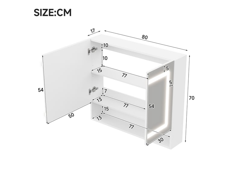  Armoire de toilette à miroir 2 portes avec éclairage led et fonction antibuée, blanc, 80 x 17 x 70 cm  - Conforama E
