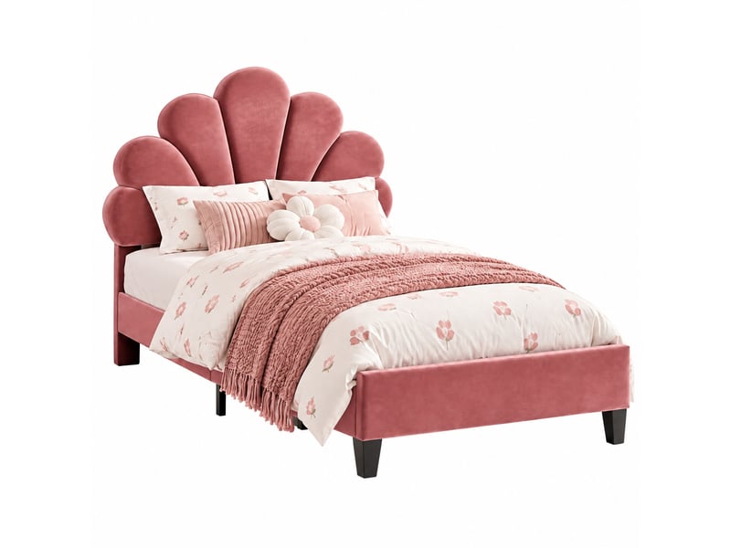  Lit simple 90×200cm, tête de lit forme pétale, cadre rembourré velours rouge, sommier à lattes stable ORLDU00011AAP#ADHWJr2JFrFRHF - Conforama A