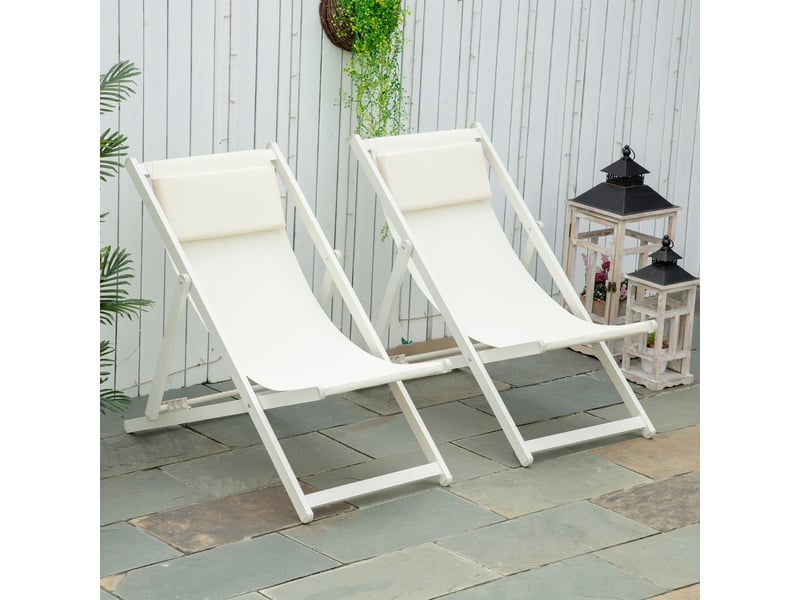  Ensemble de 2 chaises longues pliantes en aluminium avec dossier et appui-tête réglables sur 5 positions, 60 x 100 x 85 cm, blanc  - Conforama C