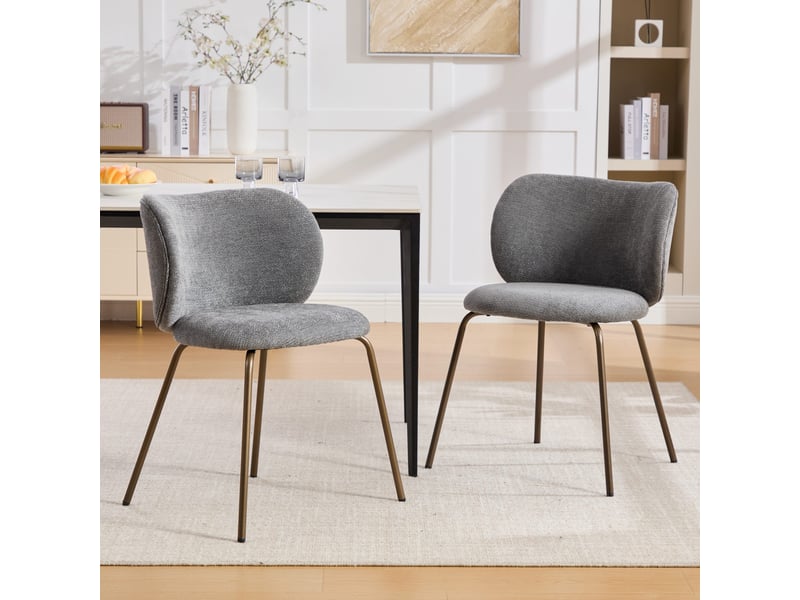  Chaises de salle à manger gris chenille, lot de 2, dossiers courbés, piètement métal bronze, design moderne  - Conforama B