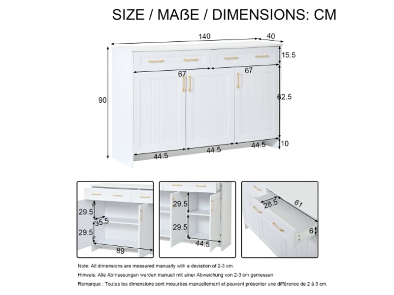  Buffet 140x40x90 cm blanc, 2 tiroirs, 3 portes, étagères réglables, mdf, charge 30 kg  - Conforama C
