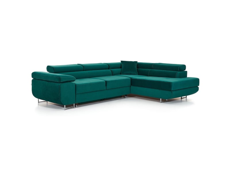  Canapé d'angle convertible menton vert canard velours – angle droit avec coffre  - Conforama E
