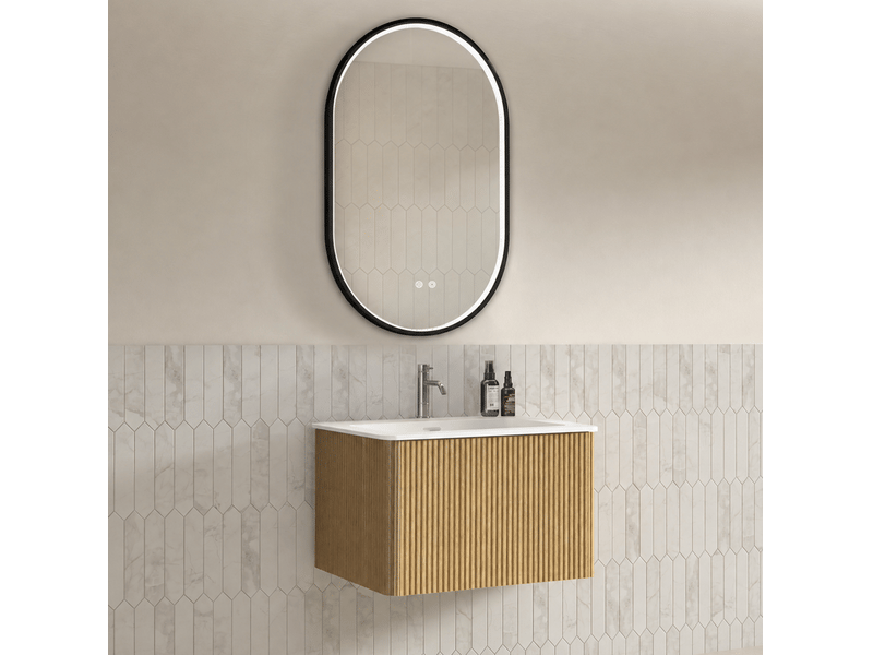  Ensemble meuble salle de bains suspendu 61 cm bois clair, vasque et miroir led antibuée réglable, 1 tiroir  - Conforama B