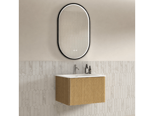 Ensemble meuble salle de bains suspendu 61 cm bois clair, vasque et miroir led antibuée réglable, 1 tiroir