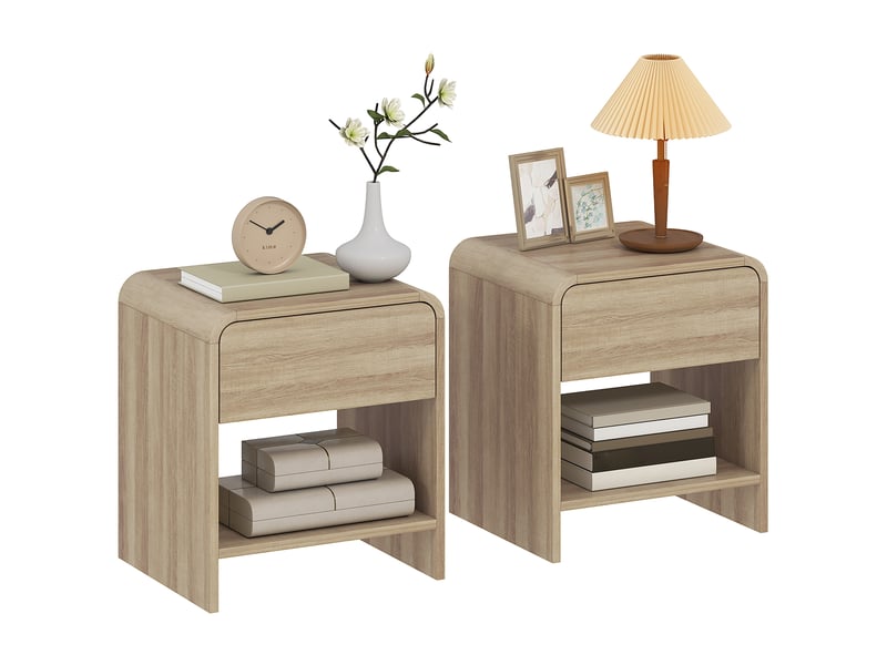  Ensemble de 2 tables de chevet scandinaves aux angles arrondis, avec tiroir et compartiment ouvert, 40 x 35 x 45 cm, couleur naturelle  - Conforama A