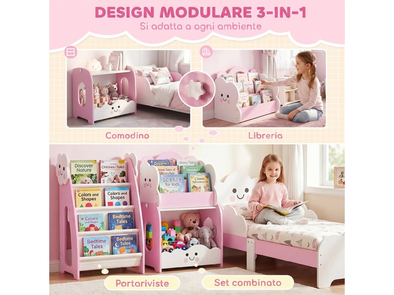 Meuble en bois pour enfant avec porte-revues, bibliothèque à 3 niveaux et table de chevet, 85,5 x 32 x 72 cm, rose et blanc - Conforama E
