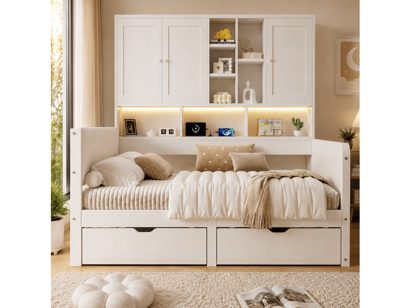  Lit enfant avec rangements, éclairage led et module de charge en mdf blanc  - Conforama D