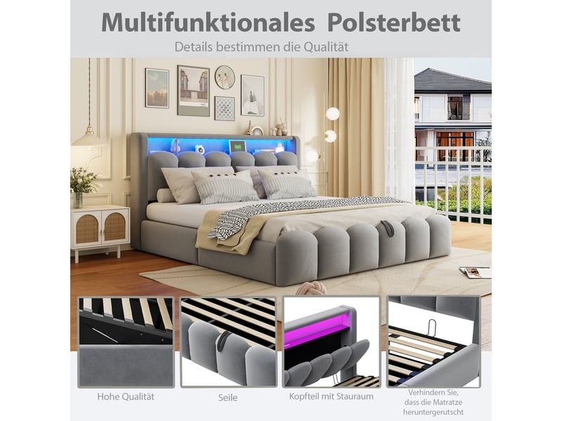  Lit double 180x200 cm avec coffre hydraulique et rangement en tête, led multicolore par qr code, usb et type-c, tête fleurie, velours, gris  - Conforama E