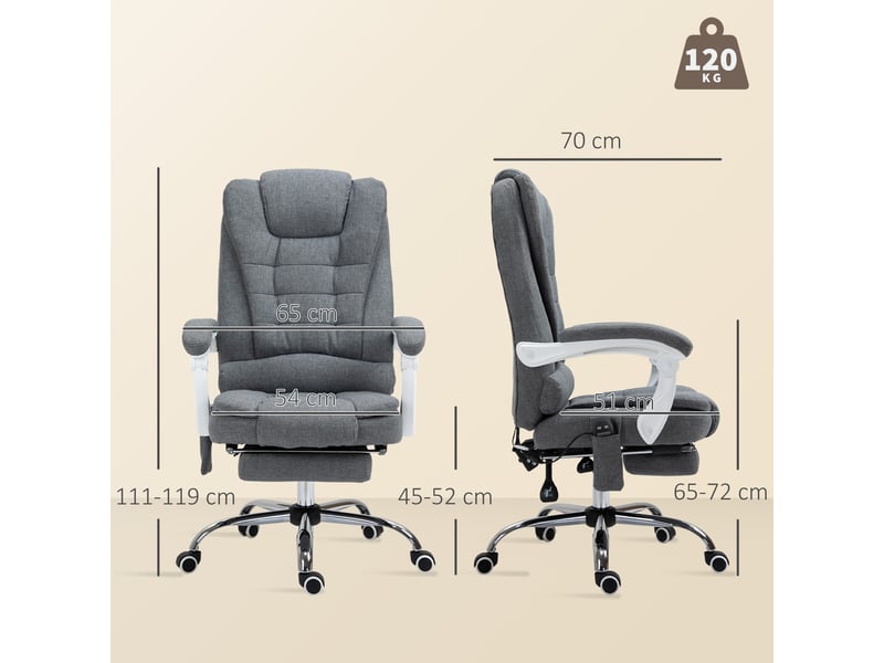  Fauteuil de bureau avec fonction massage et chauffage, dossier inclinable, pivotant et réglable en hauteur, jusqu'à 120 kg, gris  - Conforama E