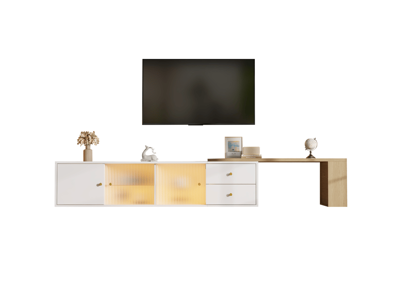  Meuble tv bas extensible 75x40x38 cm led, 2 tiroirs, 2 portes coulissantes en verre, panneau de particules blanc naturel  - Conforama A