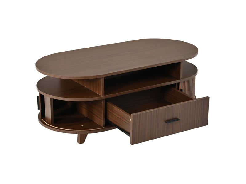  Table basse ovale avec tiroir et rangements, table salon, coloris noyer, 100x50x40 cm  - Conforama D