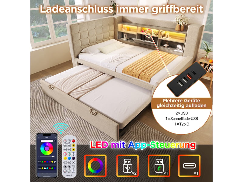  Lit gigogne 90x200 capitonné en lin beige avec led et ports usb - rangement intégré et sommier inclus  - Conforama R