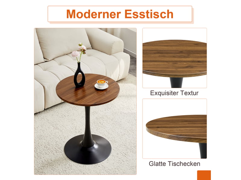  Table d’appoint ronde avec pied central stable - lpospi - style rétro, plateau effet noyer, mdf métal noir  - Conforama E