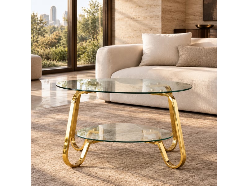  Table basse ronde à deux niveaux en verre trempé et métal doré 80 cm evryae  - Conforama B