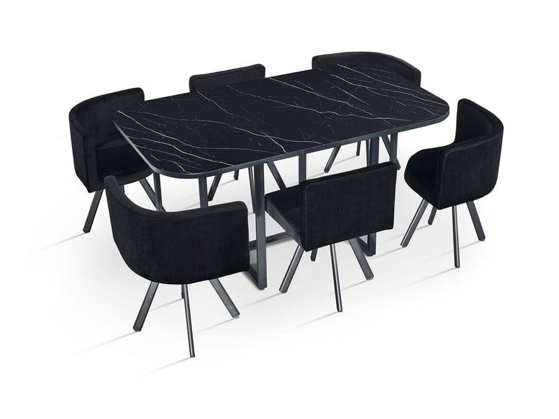  Table rectangulaire 150cm avec 6 chaises gain de place oslo xl effet marbre noir et velours noir Oslo - Conforama C