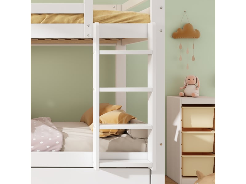  Lit superposé enfant 90x200 cm blanc en bois, 2 tiroirs, étagère ouverte et échelle compacte  - Conforama E