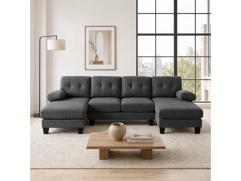  Canapé panoramique en u 4 places en tissu chenille gris avec doubles méridiennes  - Conforama B