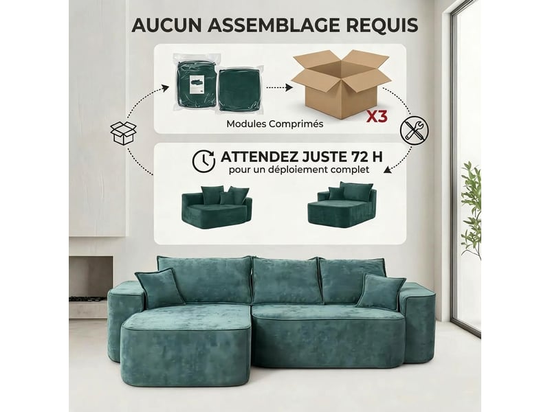 Canapé d'angle vert modulable chenille avec méridienne 262cm - assise profonde 4 places - Conforama E