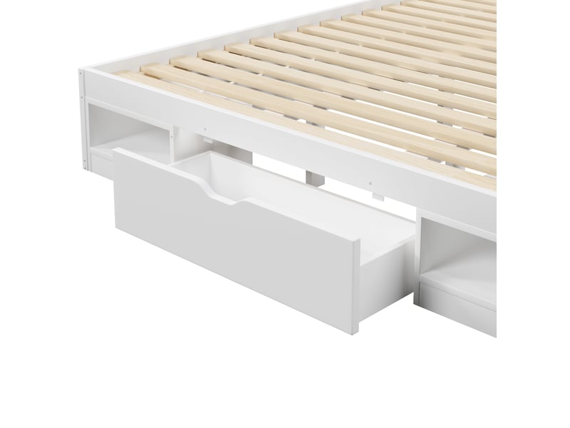  Lit plateforme 180x200 cm blanc avec rangements, 3 tiroirs, led et port usb, tête de lit bibliothèque, sans matelas  - Conforama D