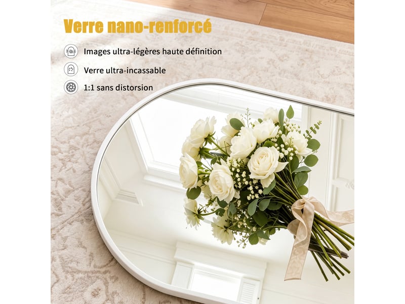  Miroir mural arqué 91x61 cm avec cadre blanc, verre trempé , miroir mural haute définition, pour chambre, salle de bain et entrée  - Conforama R