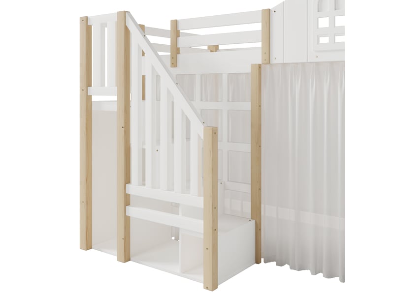  Lit mezzanine enfant 90 x 200 cm avec led, escalier de rangement et rideau en gaze, pin, mdf et contreplaqué, blanc et naturel Fay Lum - Conforama D