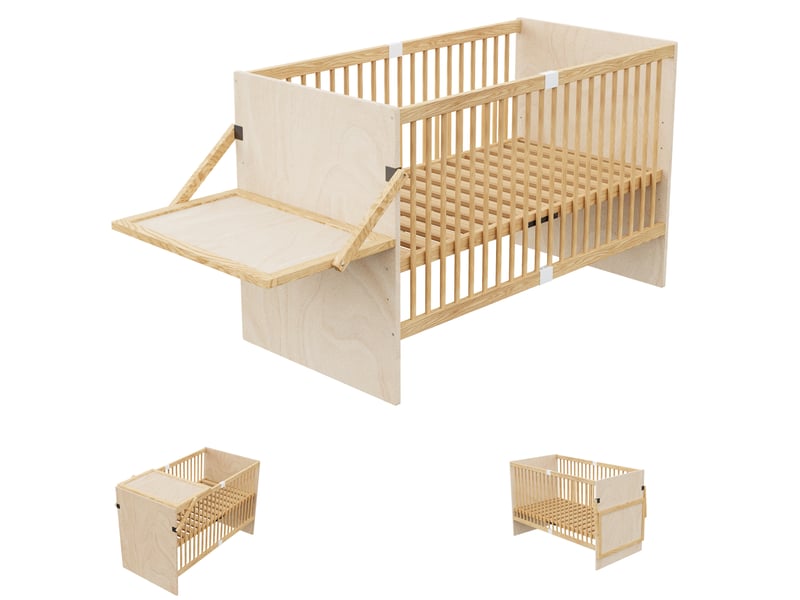 Lit bébé en bois massif 70x140 cm avec table à langer intégrée, pin naturel - Conforama A