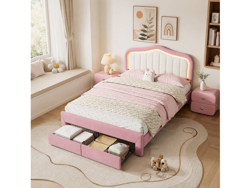  Lit double 140x200 cm avec 2 tiroirs, éclairage led contrôlé par application en velours rose et blanc  - Conforama B