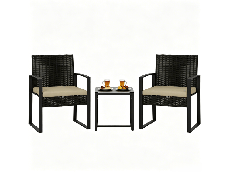 Salon de jardin bistrot 2 places 40x40 cm – noir, brun et kaki – 2 fauteuils avec coussins et table en verre - Conforama A