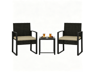 Salon de jardin bistrot 2 places 40x40 cm – noir, brun et kaki – 2 fauteuils avec coussins et table en verre
