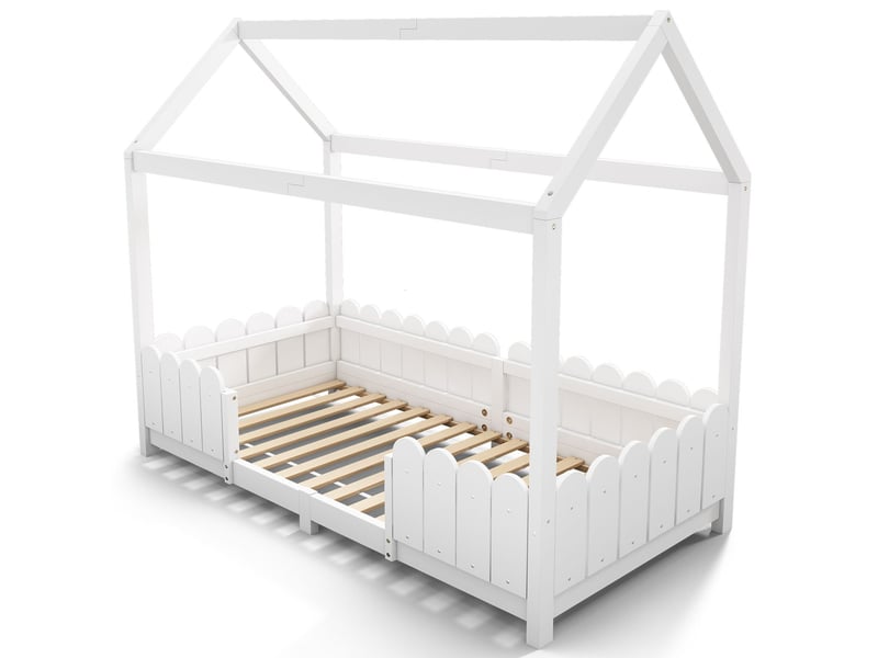  Lit cabane enfant 90x200cm - blanc pin massif barrière anti-chute - lit enfant - design montessori au sol sommier inclus  - Conforama A