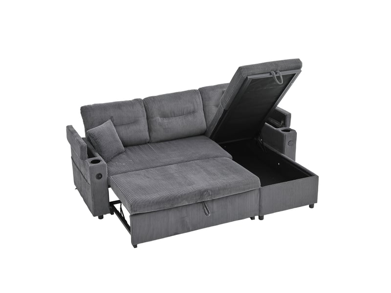 Canapé d'angle convertible 3 places en velours côtelé 212,5x136 cm avec rangement, méridienne coffre, lit gigogne 2 places et usb-c - gris anthracite - Conforama A